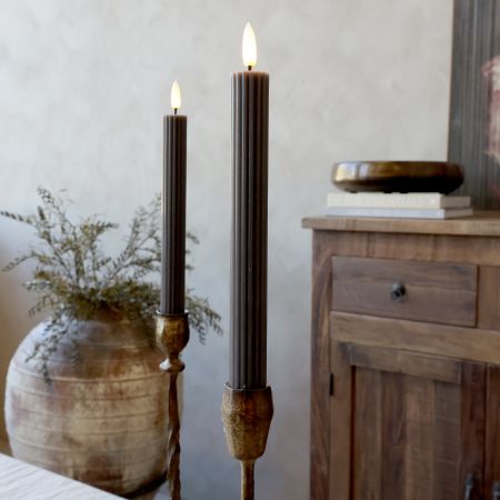 Cenon Dinner Candle w. grooves LED set of 2 coffee - Chic Antique